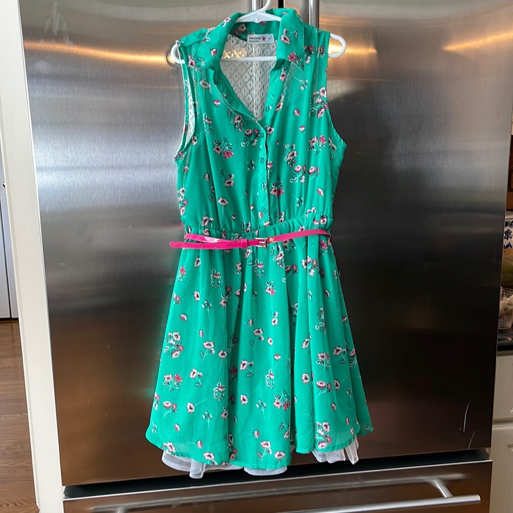 Green dress with pink flowers and belt, lace back